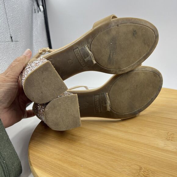 BAMBOO Tan Sandals Size 6.5 Glitter Block Heel Ankle Strap Faux Suede Shoes - Picture 6 of 7